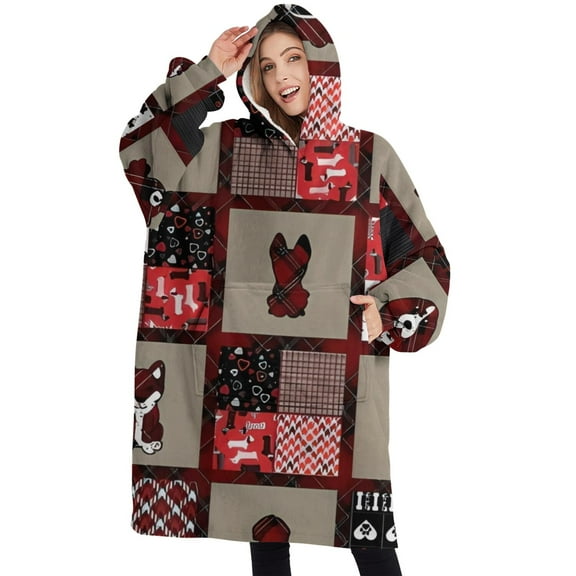 Oversized Wearable Blanket Hoodie,Red Plaid Dog Jigsaw Puzzle Sherpa Blanket Hoodie with Super Pockets,Super Warm Fuzzy Pullover for Women & Men