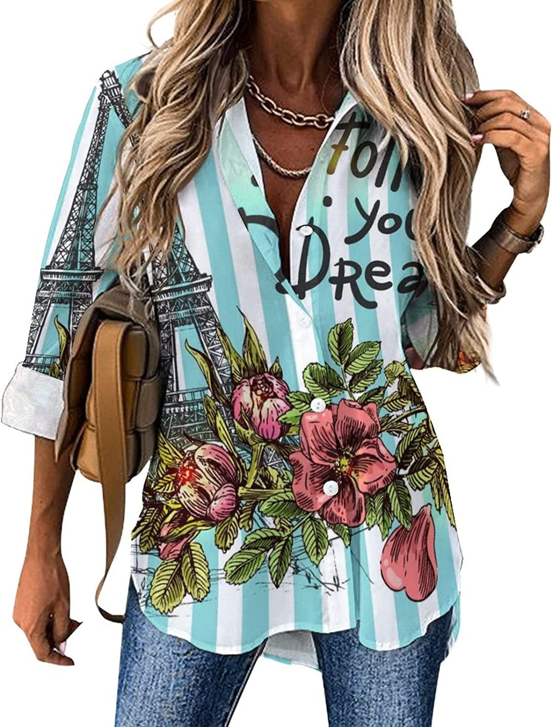 Eiffel Tower and Stripes of Flowers Womens Funny Print Button Down