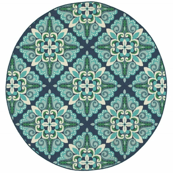 8â€™ Round Blue and Green Floral Indoor Outdoor Area Rug