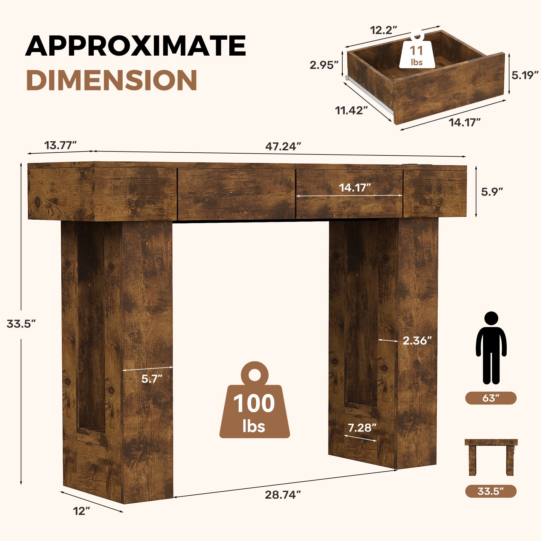 MOONMISS 47"Wide Console Table with 2 Drawers,Multifunctional Charging Station, LED Light, Solid Wood Farmhouse Console Table Behind Couch for Entryway, Hallway, Living Room-Dark Brown