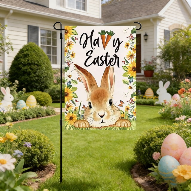 Uuiauoio Happy Easter Garden Flag 12x18 Double Sided,Burlap Holiday Farmhouse Floral Egg Bunny Garden Flags Easter Outdoor Decorations,Decorative Spring Yard Flags for Outside Lawn Porch Garden Decor