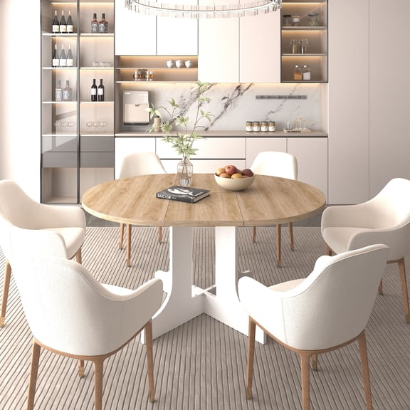 MAYEERTY Farmhouse Expandable Round to Oval Dining Table for 6, Extendable Kitchen Table with Removable Leaf, for Home Dining Room, Apartment, Kitchen Gathering Furniture