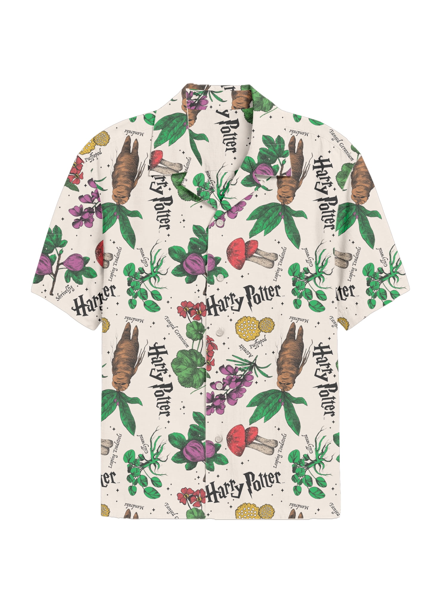 Harry Potter Men’s Short Sleeve Button-Up Camp Shirt, Herb AOP, Sizes S–3XL