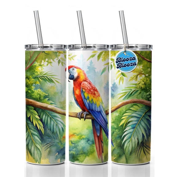 Macaw Parrot In Tree Bird Watercolor 20oz Insulated Water Bottle Skinny Tumbler Includes Straw