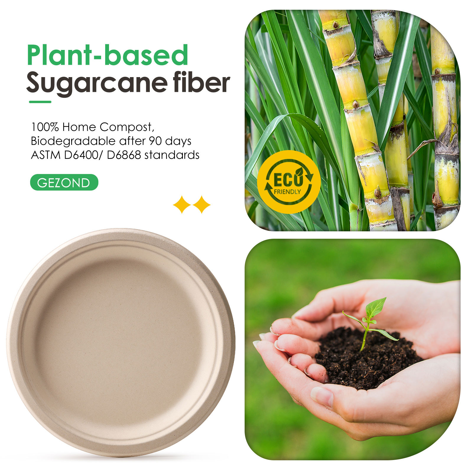 150pcs Compostable Paper Plates 9 Inch Bulk, Disposable Heavy-Duty Plates, Biodegradable Plate Made of Sugarcane Fiber Unbleached
