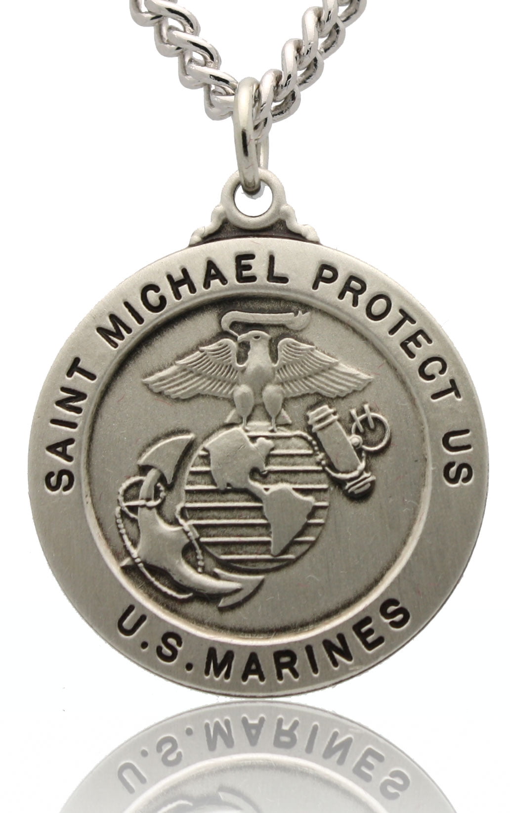 Sterling Silver St Michael Medal Protection Charm US Marine Corps Reversible Pendant Necklace