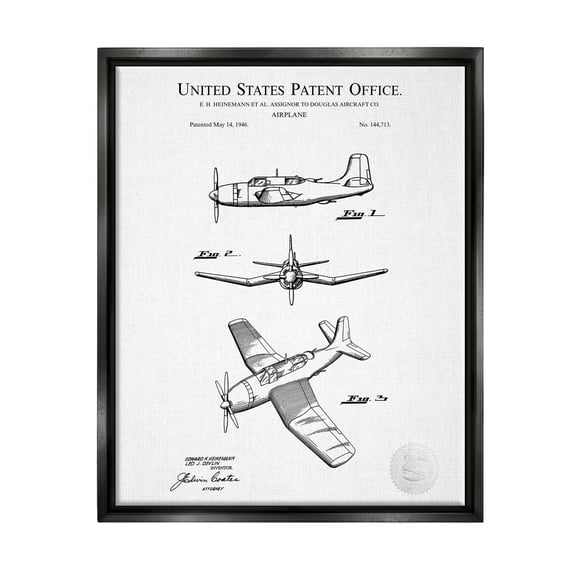 Stupell Industries Detailed Aircraft Patent Chart Graphic Art Jet Black Floating Framed Canvas Print Wall Art, Design by Karl Hronek