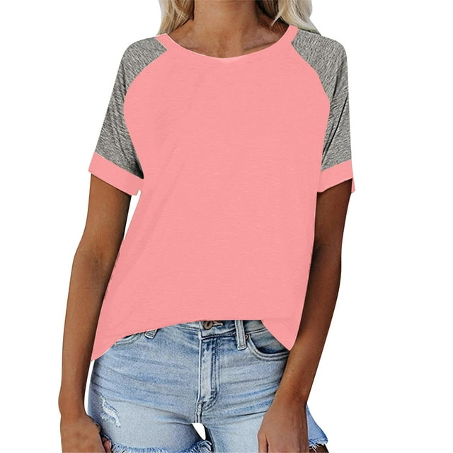 JIUIKE Oversized T Shirts for Women Short Sleeve Crew Neck Tees Color Block Loose Fitting Tunic Top