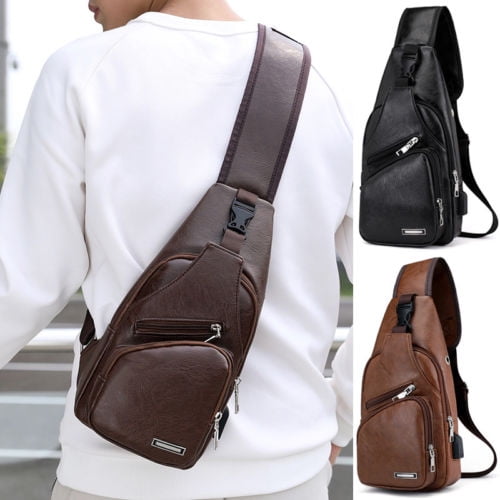 Mens Leather Shoulder Bag Sling Chest Pack Sports Crossbody Handbag USB Charging 