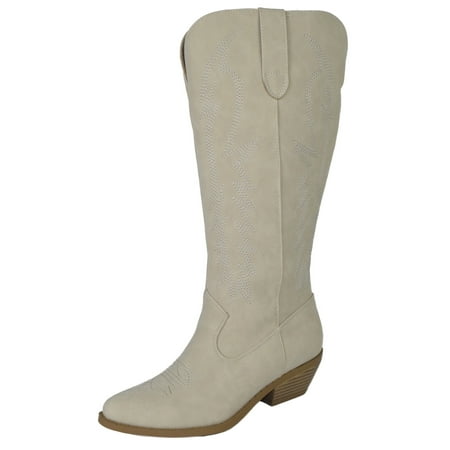 

Soda Women Cowgirl Cowboy Western Stitched Boots Pointy Toe Knee High Beige Sand 8