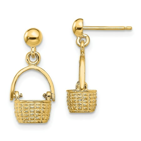 Solid 14k Yellow Gold 3-D BASKET / MOVEABLE HANDLE DANGLE EARRINGS - 19mm x 9mm