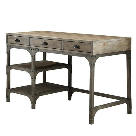UPC: 0840412081576 | Wood And Metal Desk With Three Drawers And Two Side Shelves  Oak Brown And Gray- Saltoro Sherpi
