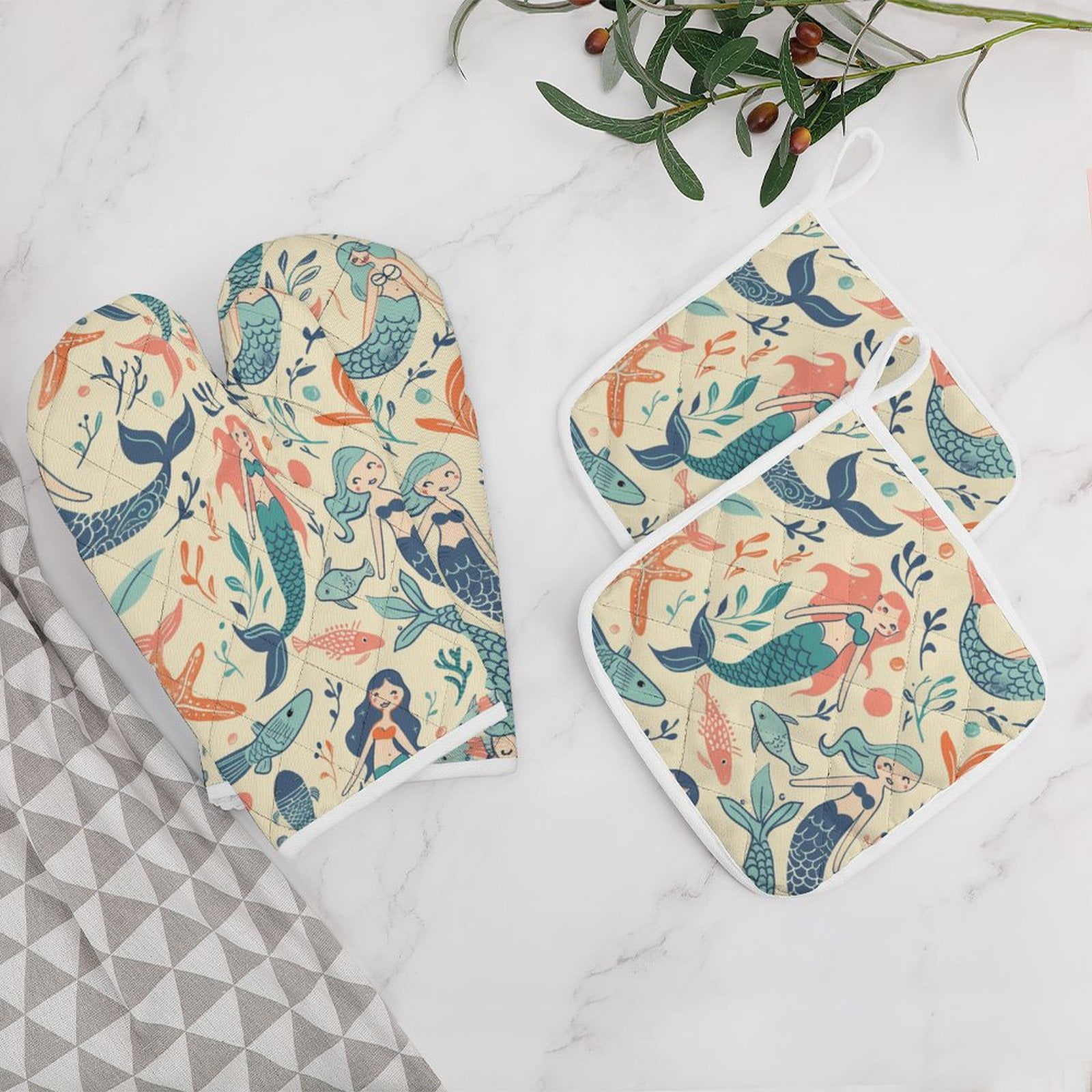 Ocean Cute Mermaid Oven Mitt And Pot Holder Set Oven Glove for Kitchen Baking Cooking Grilling