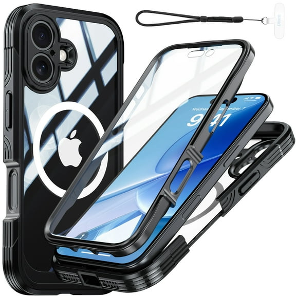 Dteck Case with Wrist Strap for iPhone 17,360° Full Body Case Built-in HD Touch Sensitive Screen Protector Compatible with MagSafe Shockproof Clear Back Cover,Black