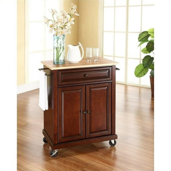 Kingfisher Lane Natural Wood Top Kitchen Cart in Mahogany