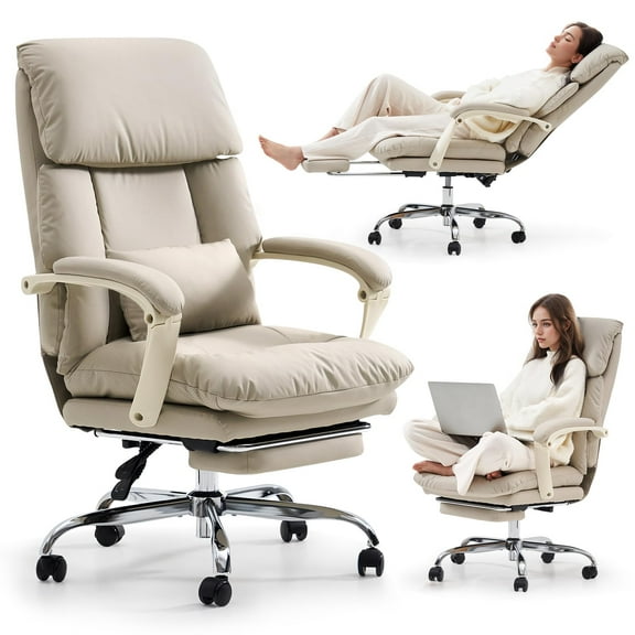 EMIAH Genuine Leather Office Chair with Foot Rest, Reclining Ergonomic Executive Office Chair with Arms, High Back Comfy Swivel Computer Desk Chairs with Wheels and Lumbar Support for Home, Beige