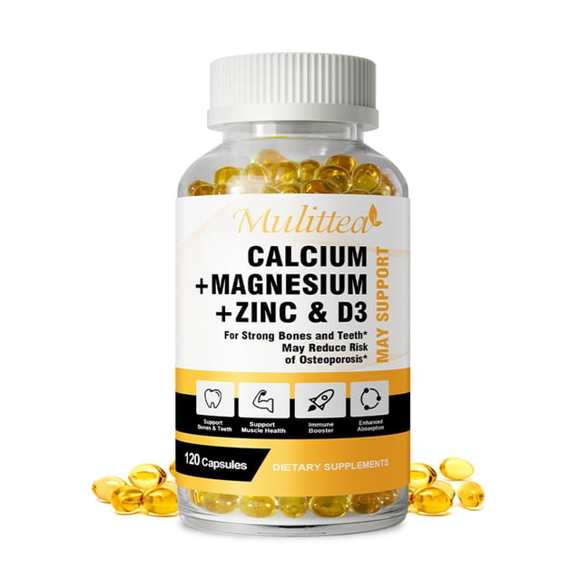 Suplemento de Calcio, Magnesio y Zinc con Vitamina D3 - Apoya Huesos, Dientes y Corazón - Fáciles de Tragar - 120 Cápsulas