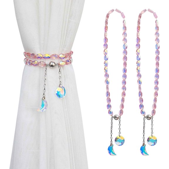 Magnetic Curtain Tiebacks, 2 Pack Crystal Beaded Sun & Moon Pendants Sheers/Draperies Holdbacks for Window Home Office Decor (Pink)