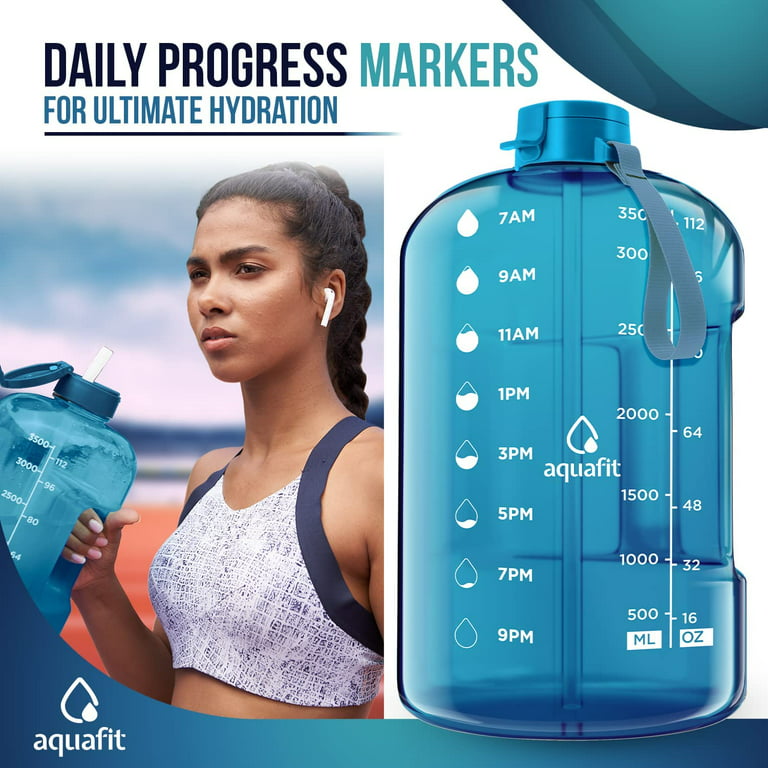 AQUAFIT - Water Bottle with Straw - Motivational Water Bottle, Big Water  Bottle with Time Marker - 1 Gallon, Blue 
