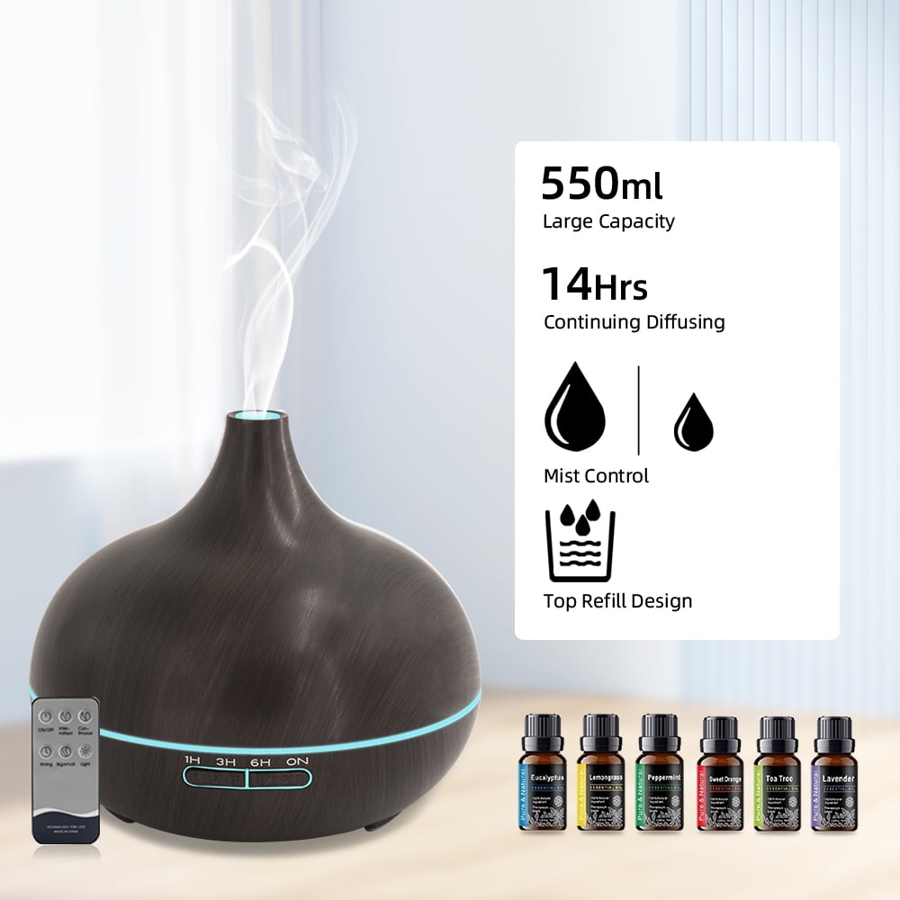 18.6oz Aromatherapy Essential Oil Diffuser Wood Grain Remote Control Ultrasonic Air Humidifier Cool 7 Color LED Light With 6 Oils