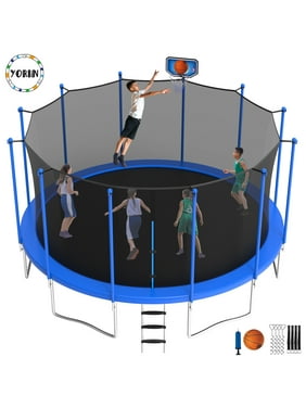 YORIN Trampoline with Enclosure for Adults Kids, 1500LBS 16FT 15FT 14FT 12FT Trampoline with Basketball Hoop, Outdoor Trampoline with Ladder, ASTM Approved Heavy-Duty Round Trampoline for Backyard