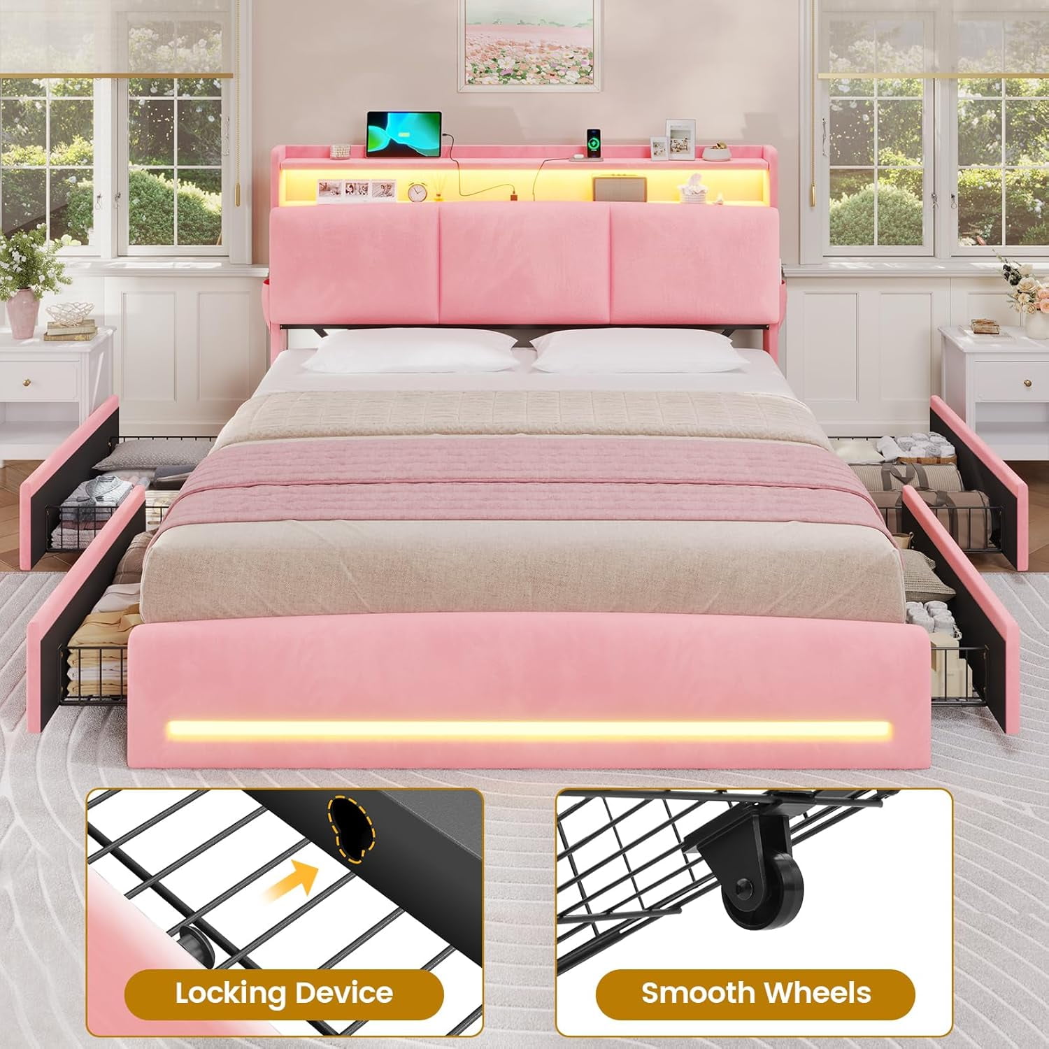 Queen Bed Frame with Storage Headboard and Charging Station, Velvet Upholstered Bed Frame Queen Size with 4 Drawers and LED Lights, Type C and USB, No Box Spring Needed, Pink