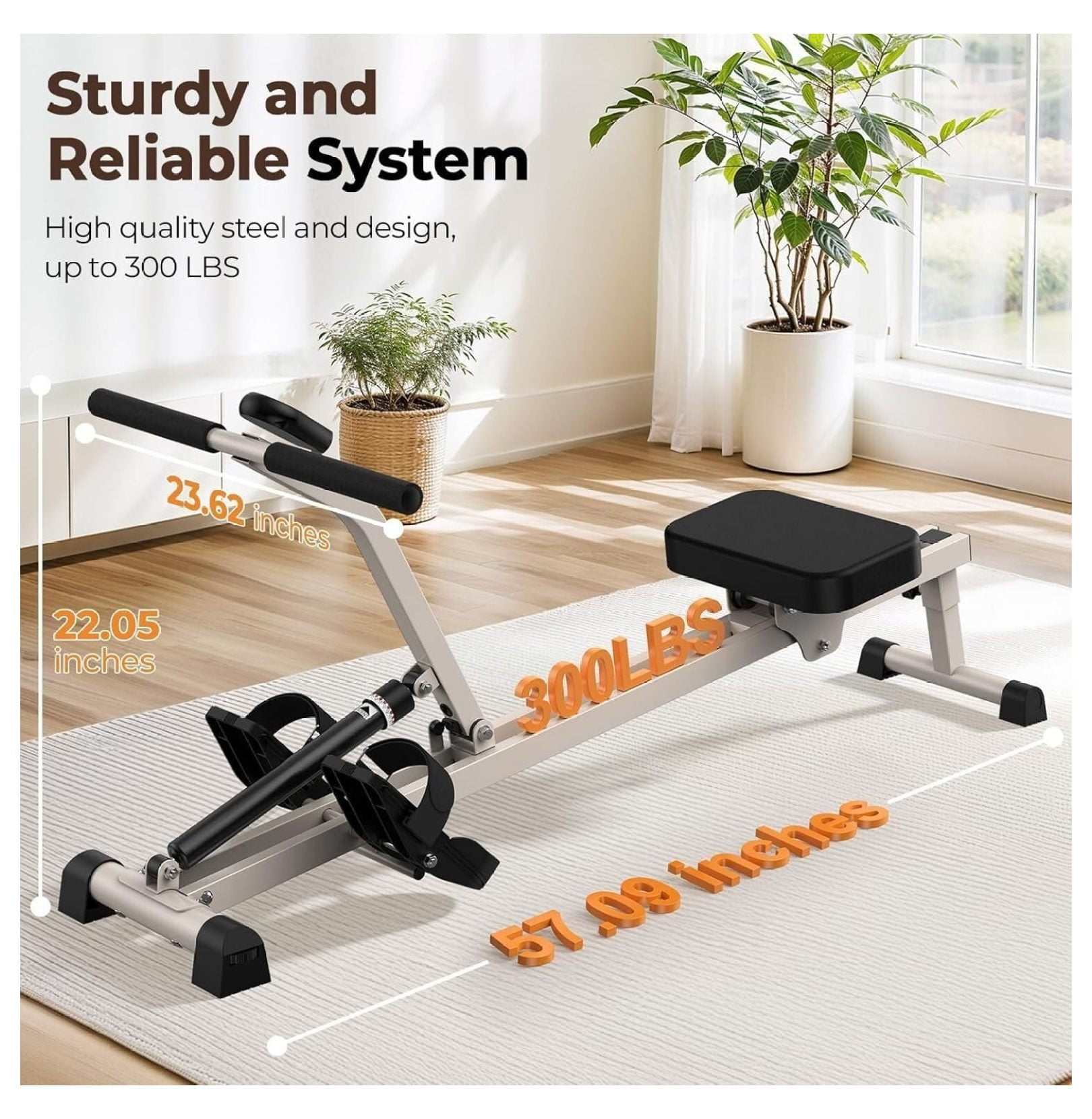 Hydraulic Rowing Machine for Home, Compact Adjustable Rower with 12 Resistance Levels, 300LBS Weight Capacity, Full Body Workout Equipment