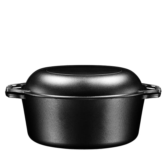 2 in 1 Enameled Cast Iron Double Dutch Oven & Skillet Lid, 5-Quart, Induction, Electric, Gas & In Oven Compatible, Caribbean