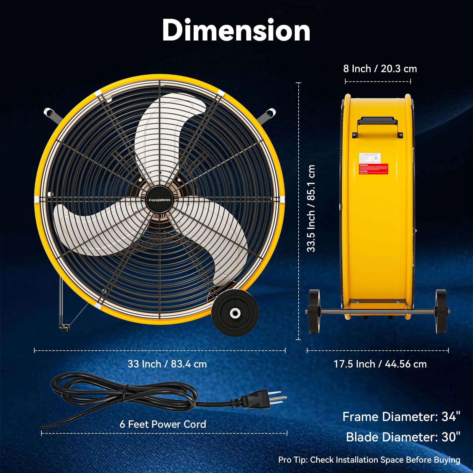 Fanqiebros Pro 30 Inch Heavy Duty Industrial Drum Fan, 14000 CFM High Velocity Metal Floor Fan with 3 Speeds, 5-Inch Solid Wheels for Warehouse, Workshop & Garage - UL Listed