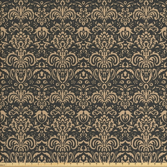 Ambesonne Antique Oriental Fabric by the Yard Upholstery, Nature Tone Damask, 5 Yards, Tan and Dark Sepia