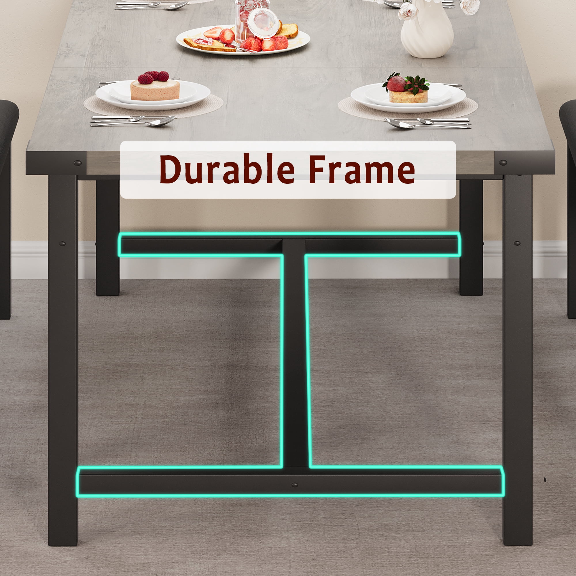 Extendable Dining Table Set for 4 to 6 People, Industrial Wood Table with 2 Upholstered Benches, Metal Corner Protectors for Small Space Apartment