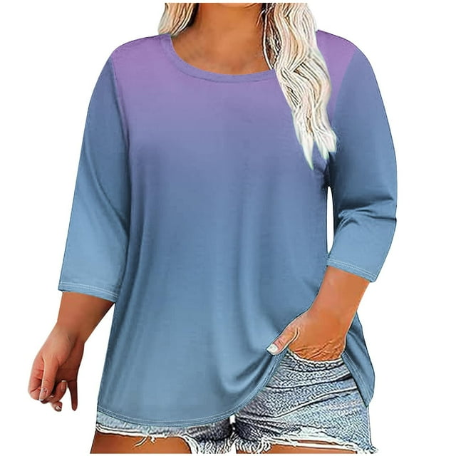 Birdeem T-Shirts Grande Taille pour Femmes T-Shirts Grande Taille Imprimés Col Rond Manches Trois Quarts T-Shirts Manches 3/4 T-Shirts Amples Grande Taille pour Femmes
