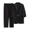 thumbnail image 5 of HAYIMI Womens Fall Outfits Sets 2 Pieces Relaxed Fit Long Sleeve Single Button Linen Blazer Matching Pleated Wide Leg Solid Color Pants Casual Wear Versatile Clothes Sets, 5 of 5