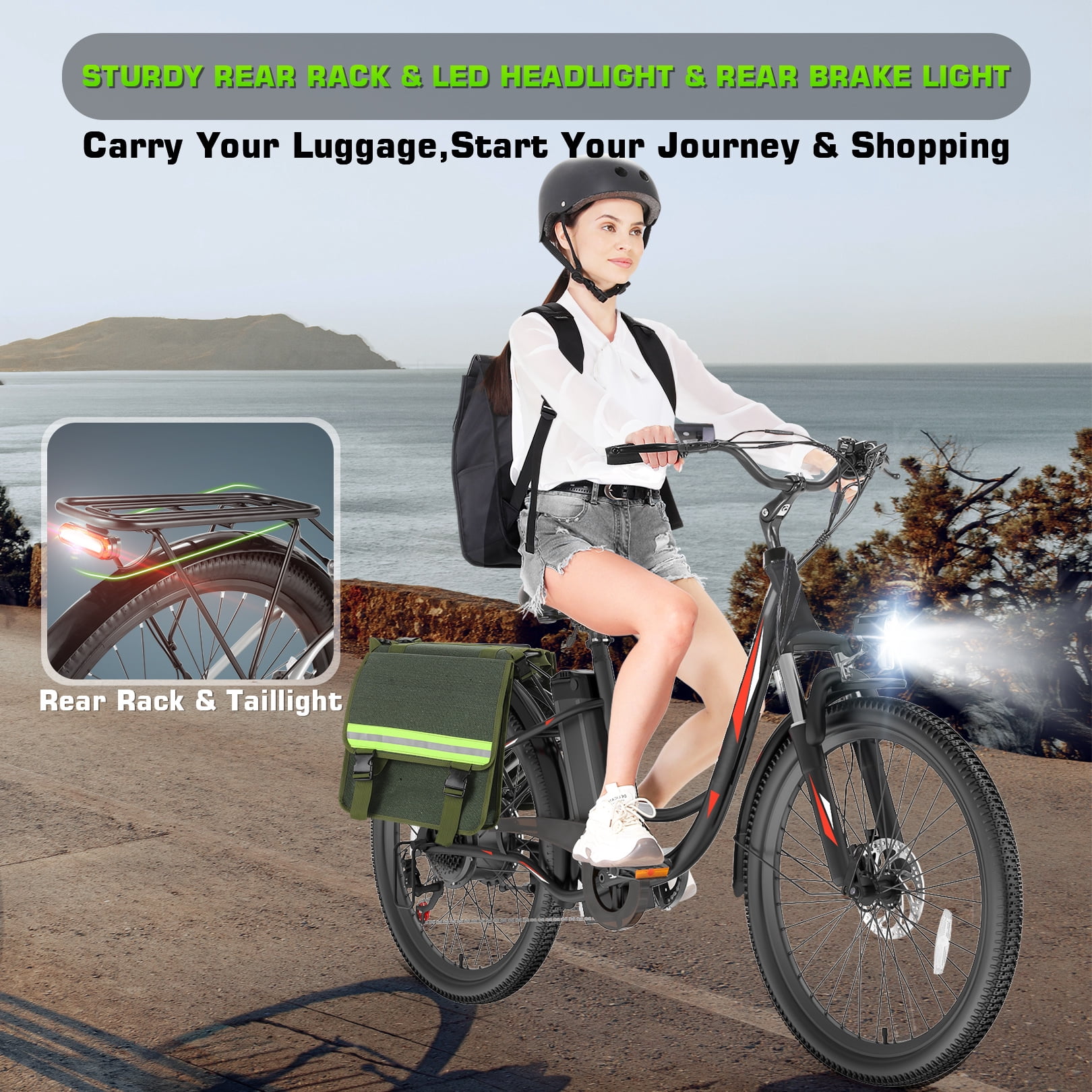 Elifine 26" Electric Bike, 500W Adult Electric City Bike with 48V 7.8Ah 374.4Wh Battery, Low-Step Thru Hybrid Cruiser Electric Bicycle, Shimano 7 Speed Commuter Ebike for Adults Women,5 Modes, UL2849