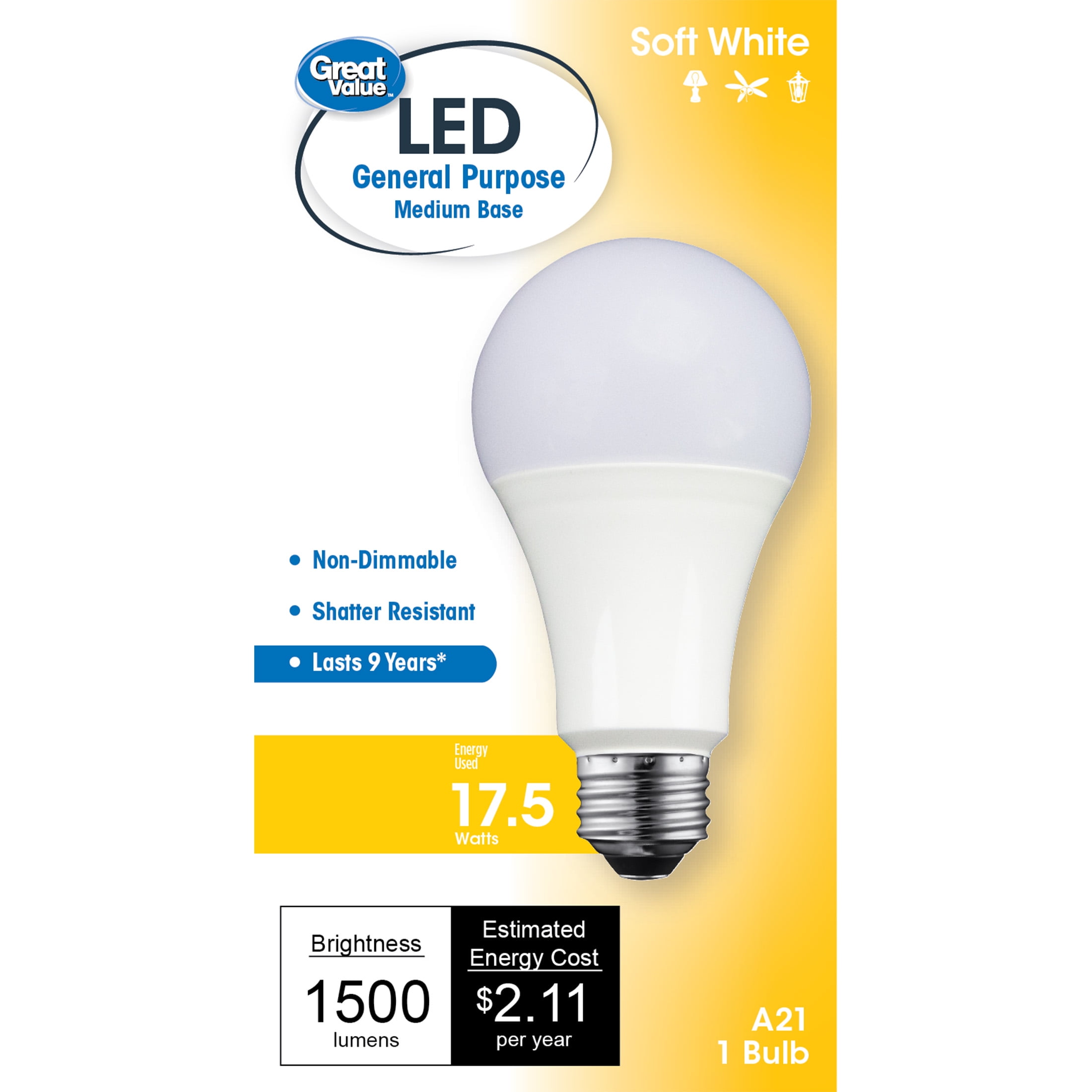 Great Value LED Light Bulb, 17.5W (100W Equivalent) A21 General Purpose Lamp E26 Medium Base, Non-dimmable, Soft White, 1-Pack