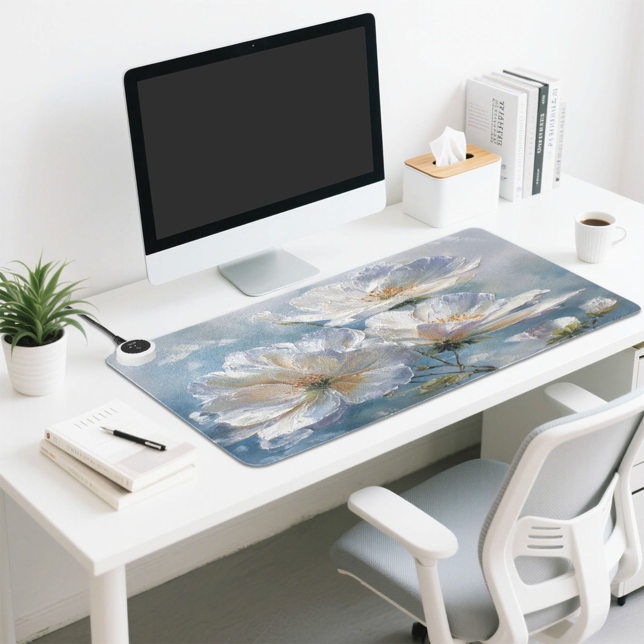 Wobogo White Flowers Heated Mouse Pad Extra-Large Desk Mat With 3 Heating Levels and 3-hour Auto Shut-Off Protection Ideal for Computer Keyboards Home Office Hand-warming Essential 31.5in × 13in
