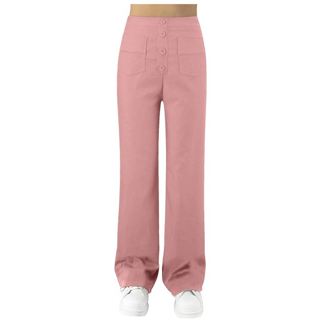 Ladies Pants Casual Straight Leg High Waisted Button Down Stretchy With Multiple Pockets Ladies Summer Pants Pink S