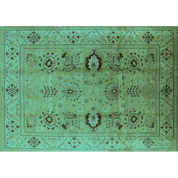 Ahgly Company Machine Washable Indoor Rectangle Oriental Turquoise Blue Industrial Area Rugs, 7' x 10'