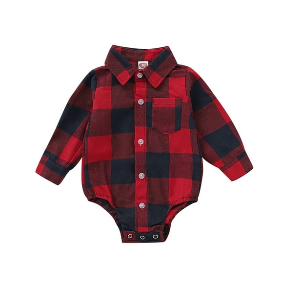 Kucnuzki Newborn Baby Boys Bodysuits 3-6 Months Baby Boys Rompers Fall Lapel Plaid Shirt Romper Autumn Button Down Long Sleeves Jumpsuit Red