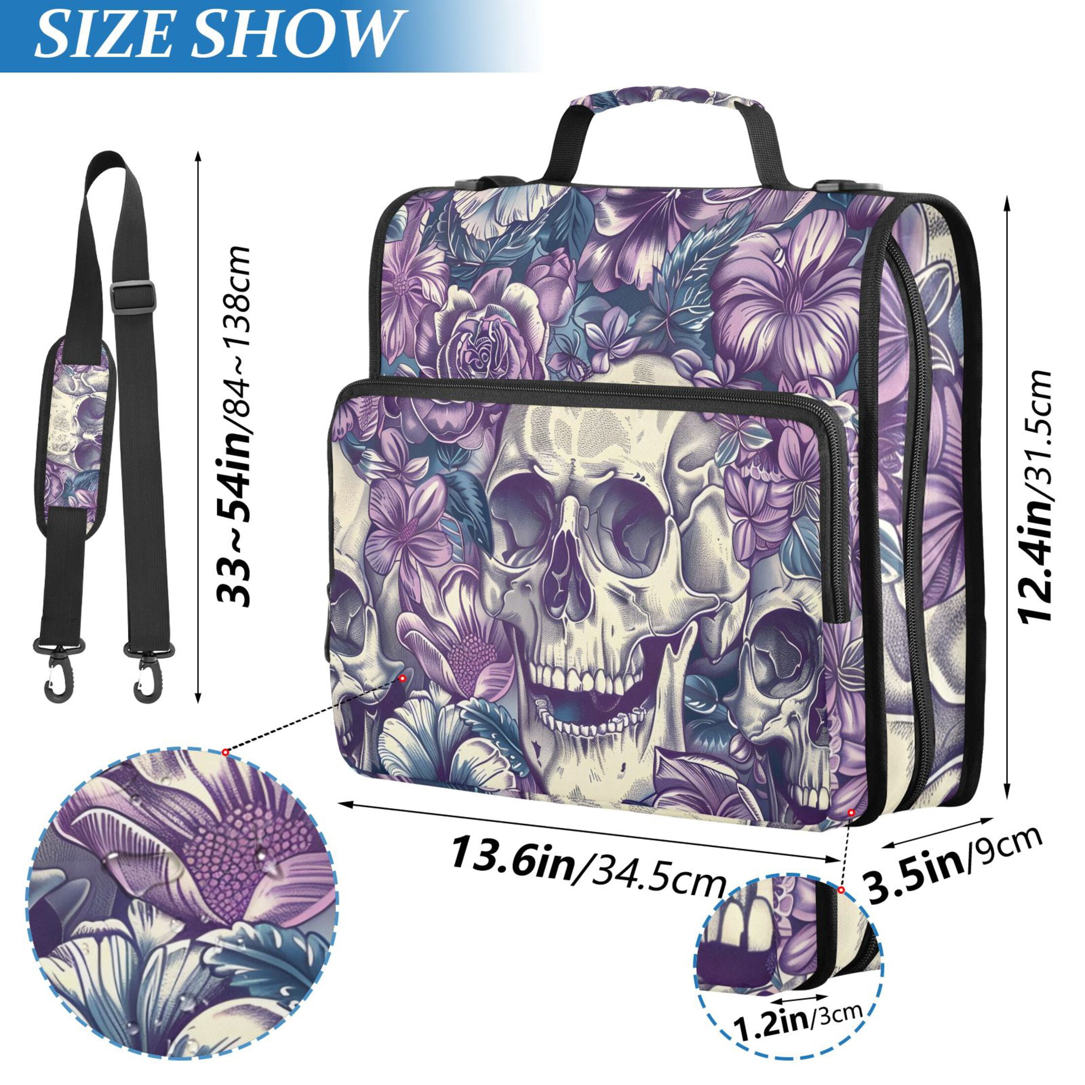 ALAZA Zipper Binder Skull Purple Flowers 3 Ring Trapper Keeper File Folder Organizer Bag