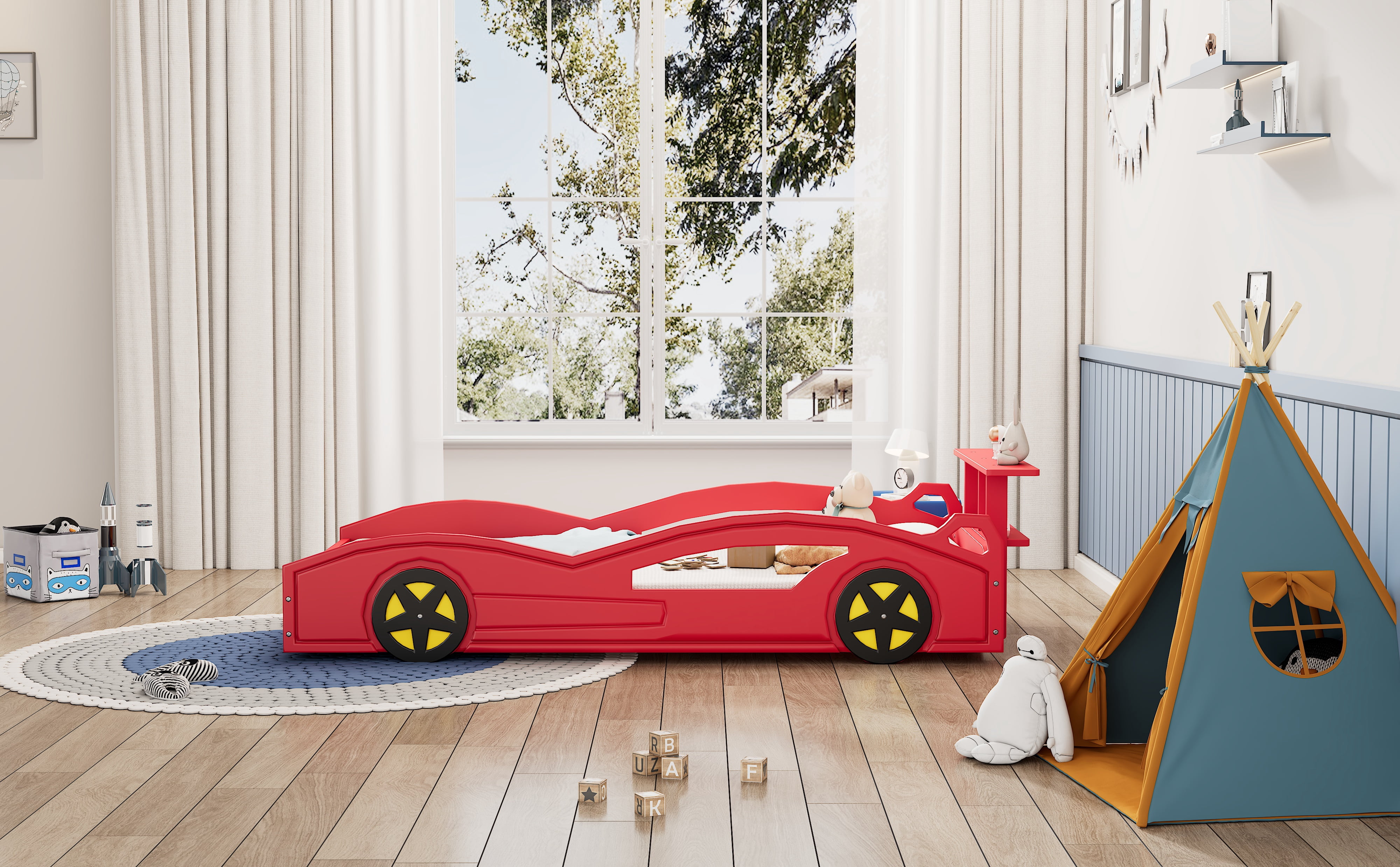 MAYEERTY Twin Wooden Race Car Bed with Wheels for Teens' Bedroom Red & Yellow