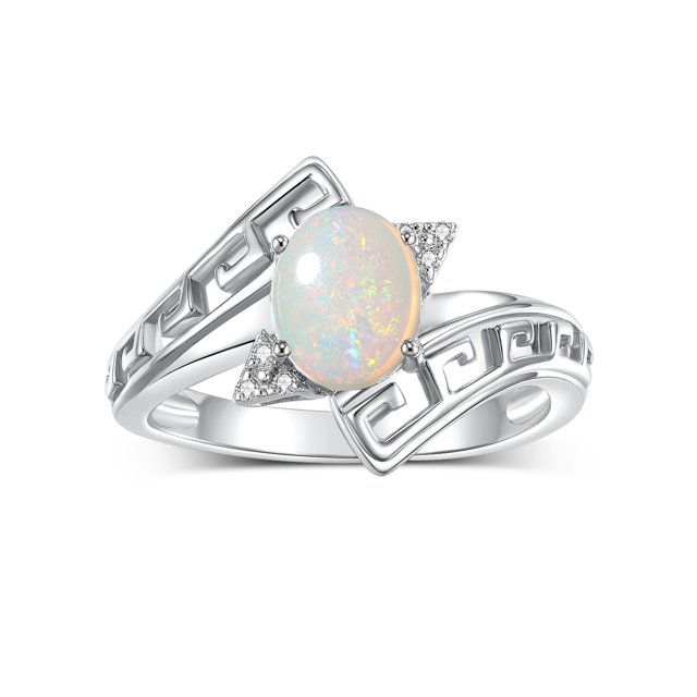RYLOS Rings for Women 14K White Gold Greek Key Designer Ring 9X7MM Gemstone & Diamond Ring October Opal Jewelry Size 9
