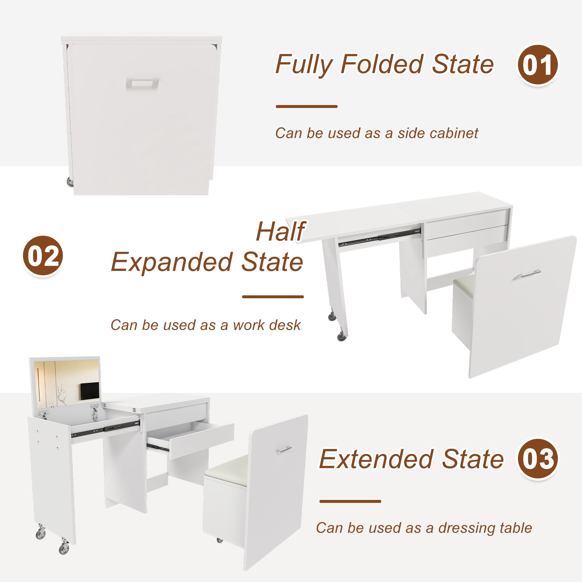 Mintazer 3‑in‑1 Expandable Folding Desk with Flip‑Top HD Mirror & Storage, Multi‑Mode Vanity Table with Hidden Storage Stool & Lockable Wheels for Small Space, White