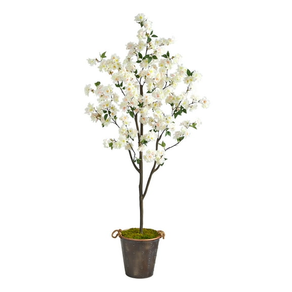 Nearly Natural 6' Cherry Blossom Artificial Tree in Decorative Metal Pail with Rope