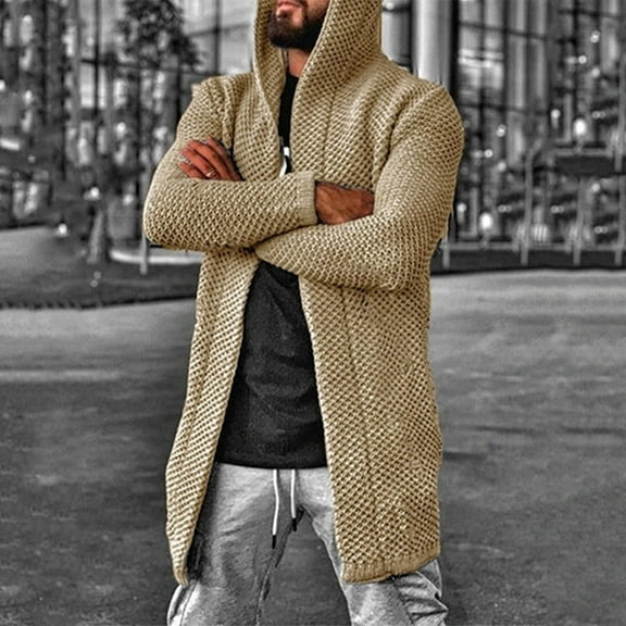 Yusimy Men's Solid Color Mid-Length Long Sleeve Hooded Cardigan Sweater Coat Casual Style