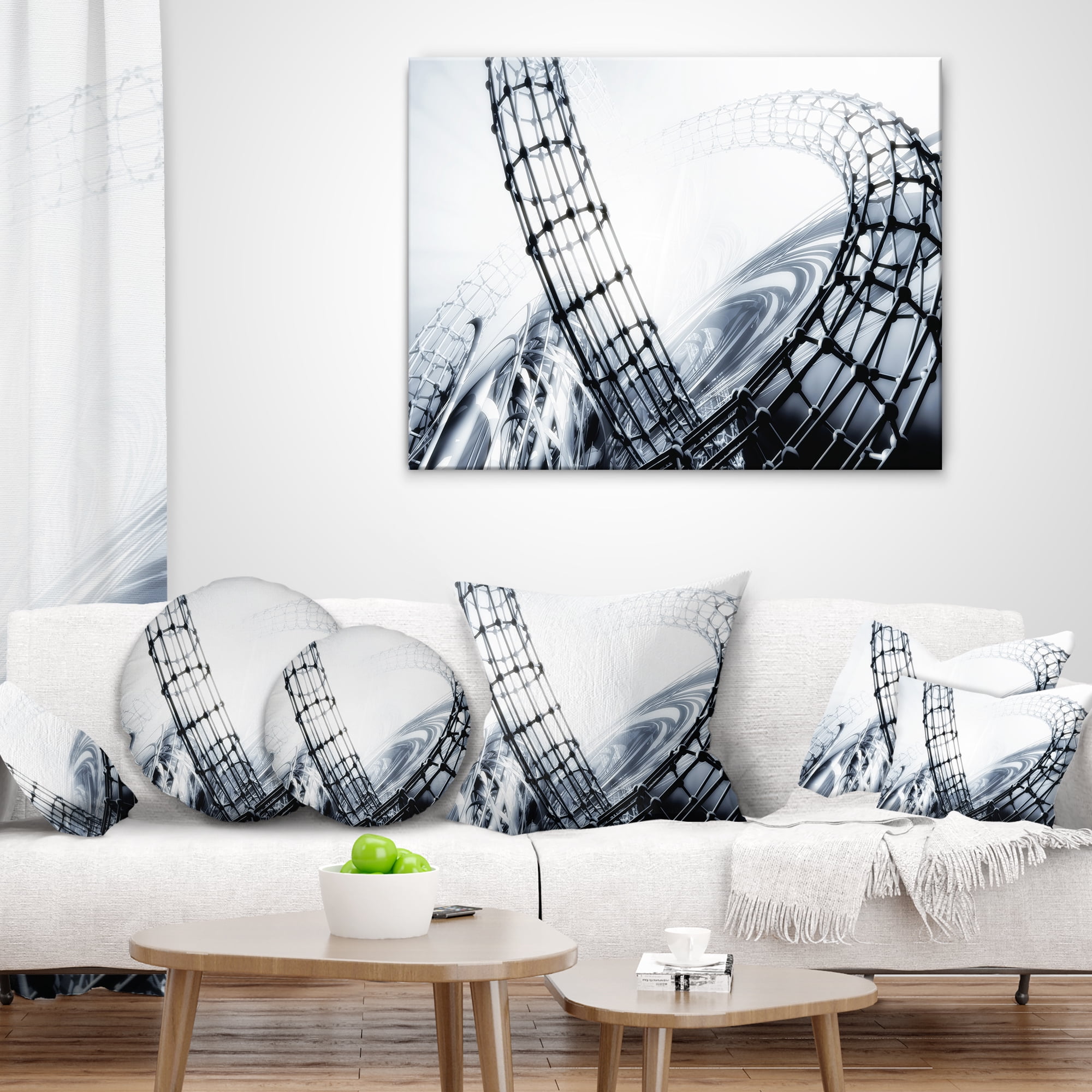 Designart Fractal 3D Black White Design - Contemporary Throw Pillow - 18x18