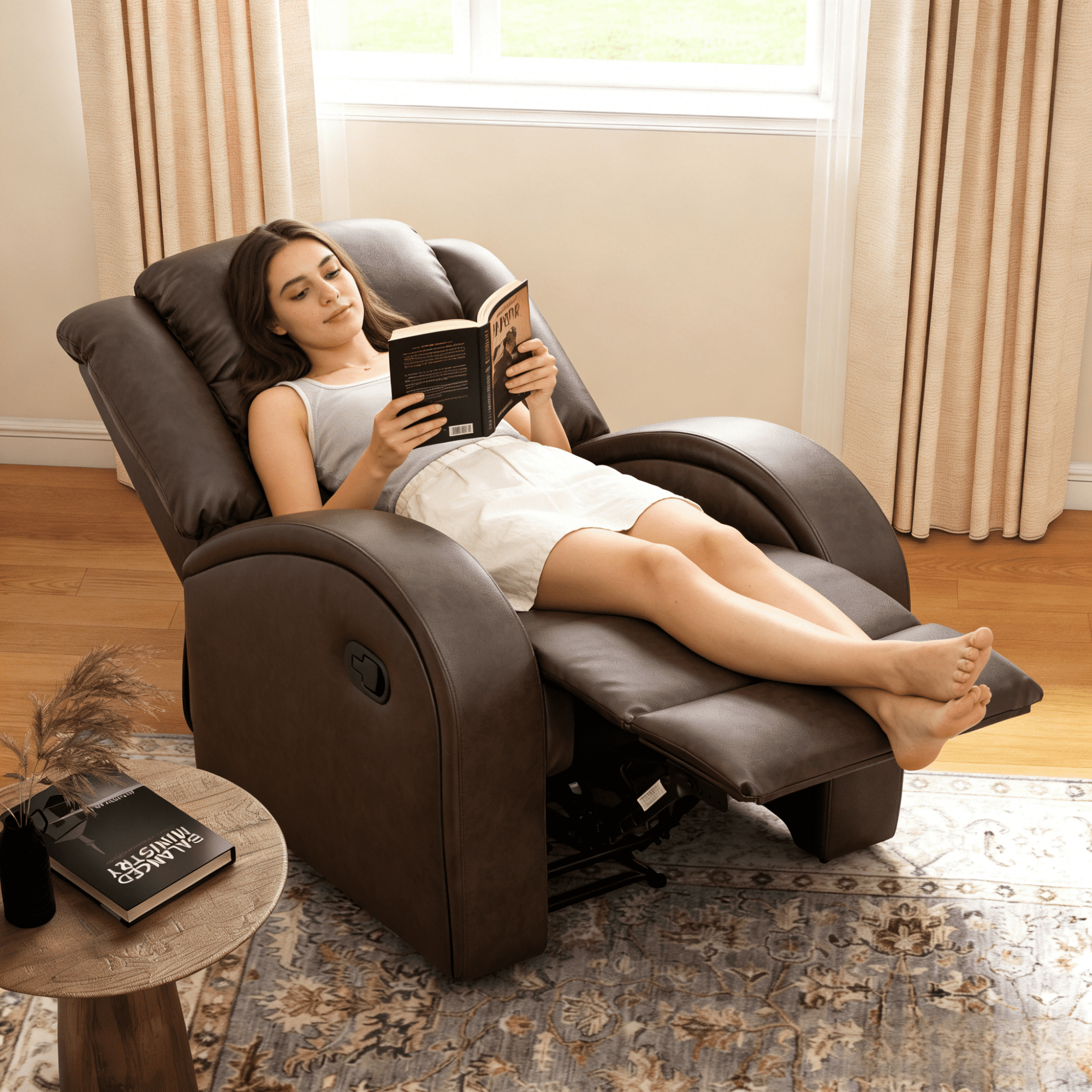 Gewnee PU Manual Recliner Chair Set of 2,Single Sofa Recliners,Adjustable Backrest,Comfort Lazy Chair for Living Room,Bedroom.Brown