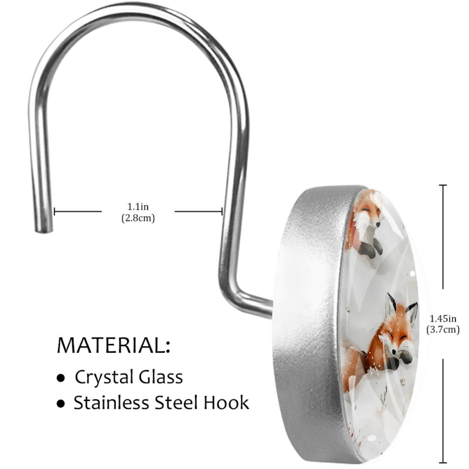 Happy Foxes Plays on Snow Shower Curtain Hooks Round Crystal Glass, Set of 12 Shower Curtain Rings - Shower Hooks for Curtain Shower Rings