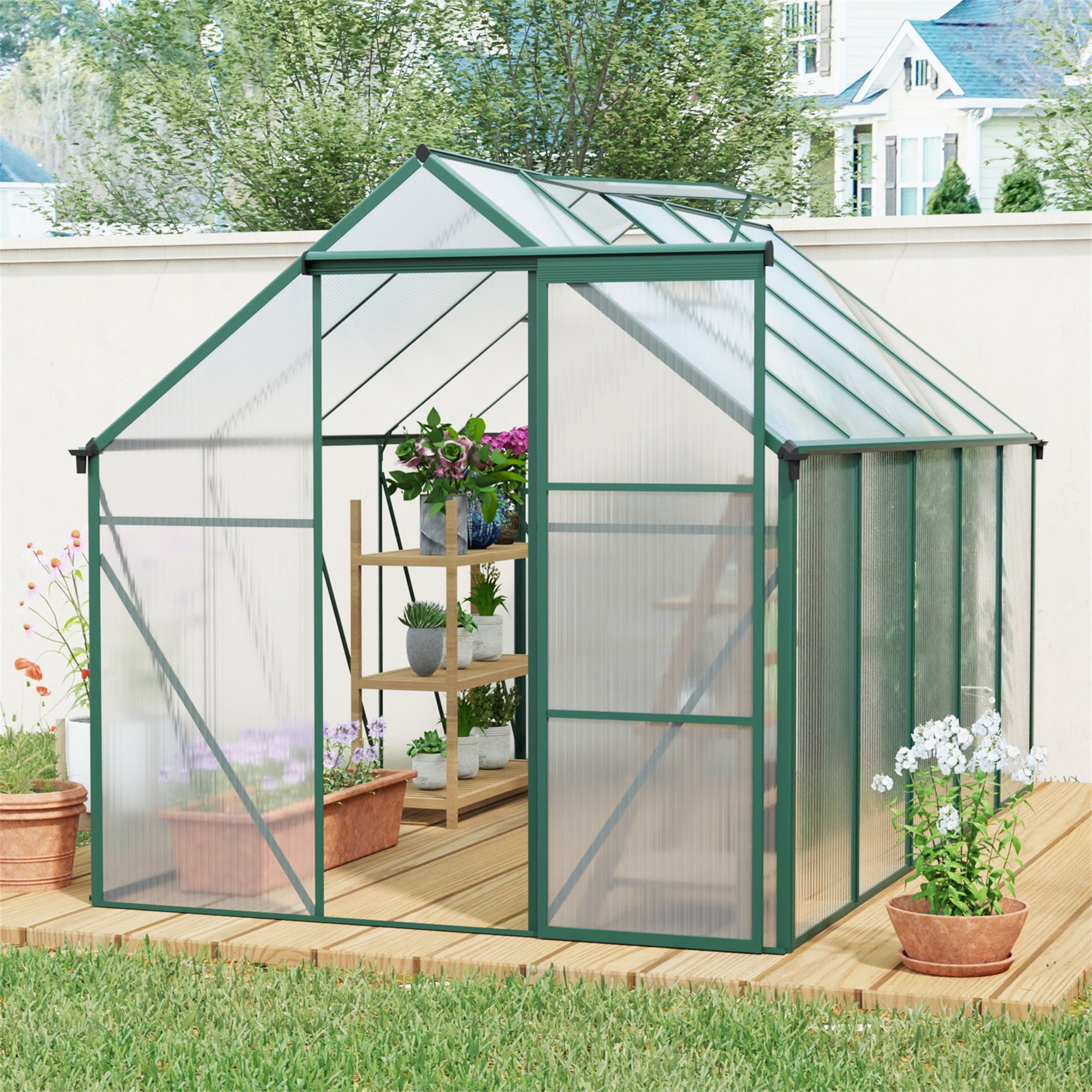 6X10 FT Outdoor Greenhouse, Holaki Polycarbonate Walk-in Greenhouse w/Sliding Door, Rain Gutter & Aluminum Frame, Heavy Duty Outdoor Green House with Window