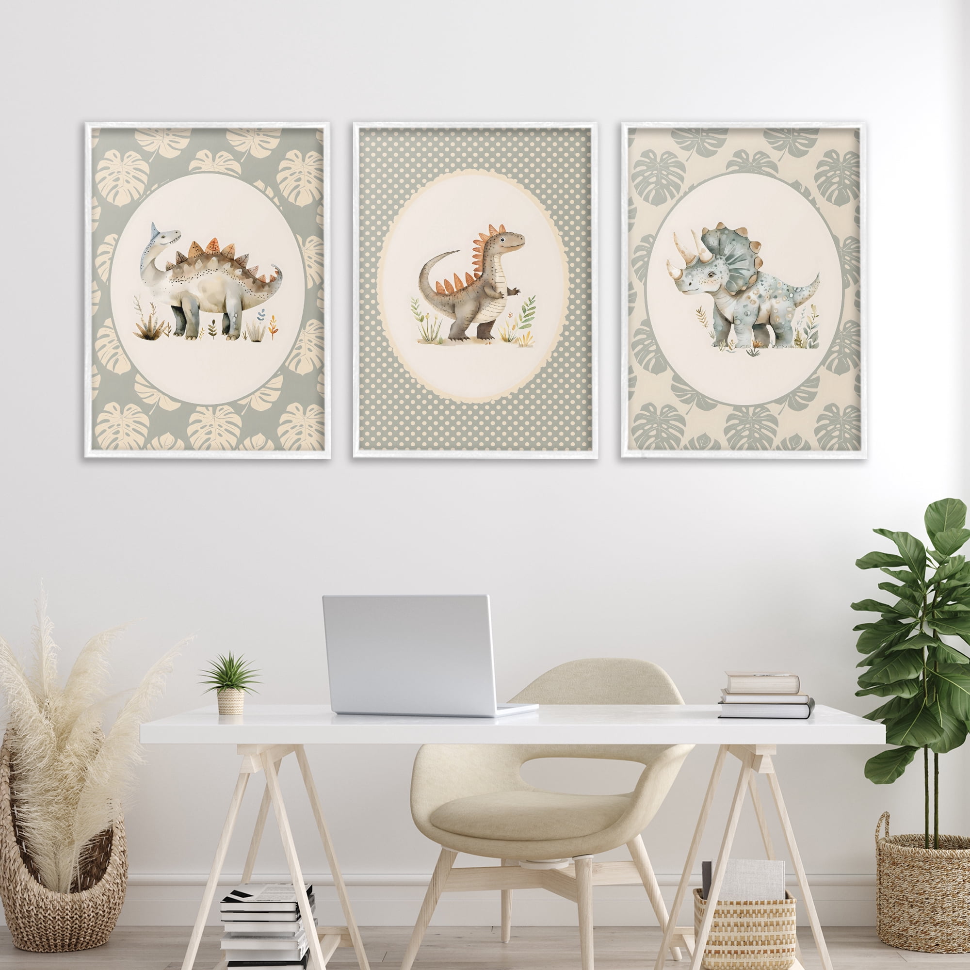 Stupell Industries Nursery Dinosaurs Tropical Border 3 Piece White Framed Giclee Art Set, design by LSR Design Studio